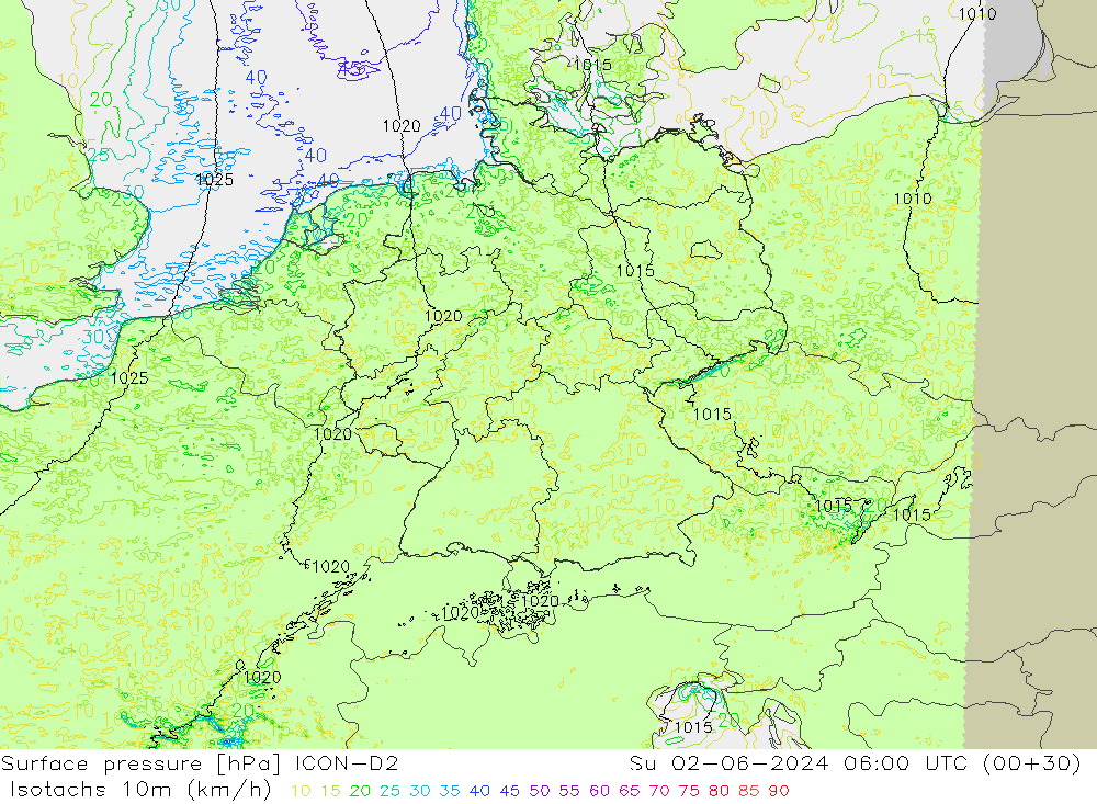 Isotachs (kph) ICON-D2 Su 02.06.2024 06 UTC