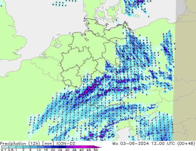 Precipitation (12h) ICON-D2 Mo 03.06.2024 00 UTC