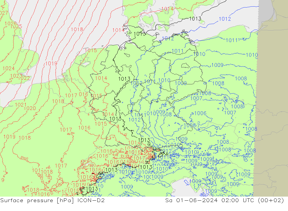 Surface pressure ICON-D2 Sa 01.06.2024 02 UTC