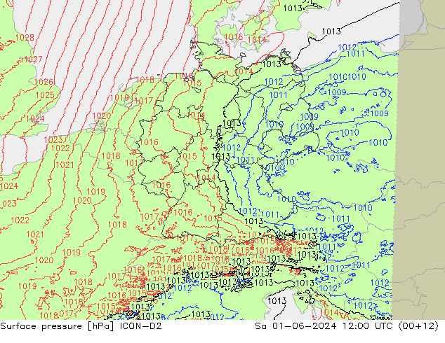 Atmosférický tlak ICON-D2 So 01.06.2024 12 UTC