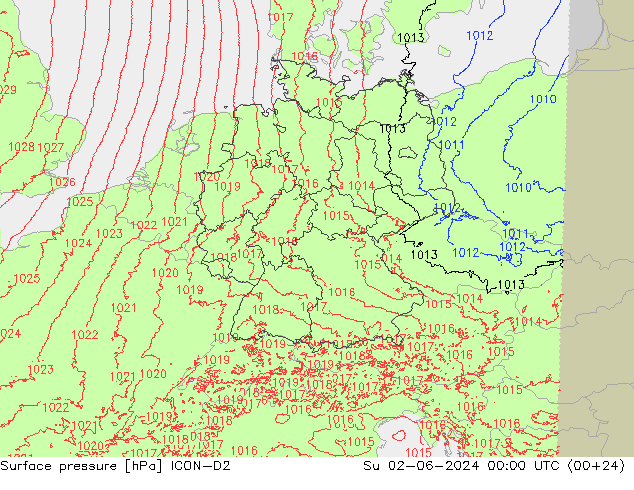 Surface pressure ICON-D2 Su 02.06.2024 00 UTC