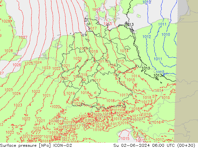 Surface pressure ICON-D2 Su 02.06.2024 06 UTC