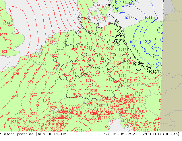 Presión superficial ICON-D2 dom 02.06.2024 12 UTC