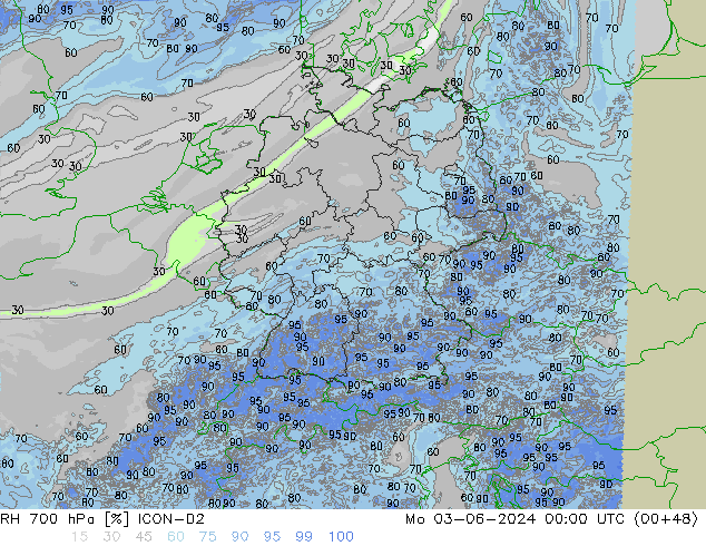 RH 700 гПа ICON-D2 пн 03.06.2024 00 UTC