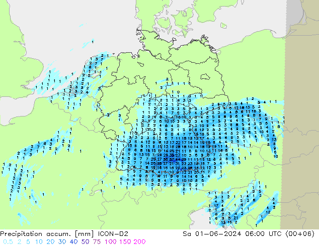 Precipitation accum. ICON-D2 sab 01.06.2024 06 UTC