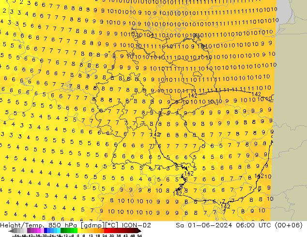 Height/Temp. 850 hPa ICON-D2  01.06.2024 06 UTC