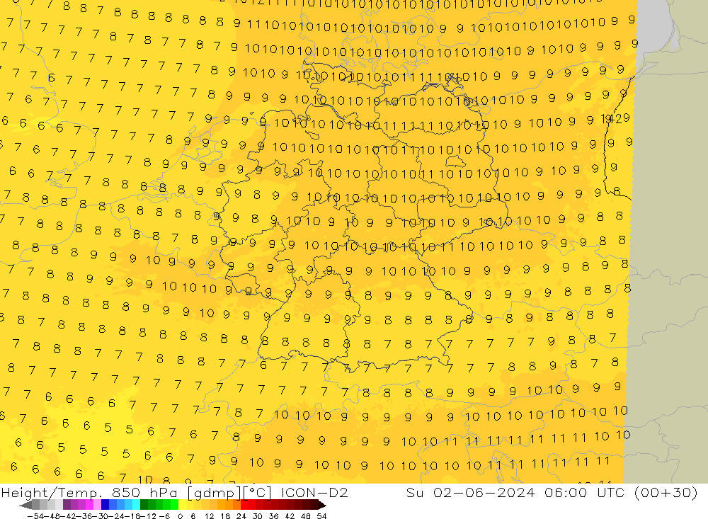 Height/Temp. 850 hPa ICON-D2 Su 02.06.2024 06 UTC