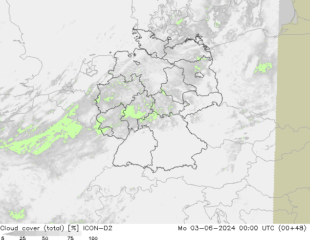 Cloud cover (total) ICON-D2 Mo 03.06.2024 00 UTC