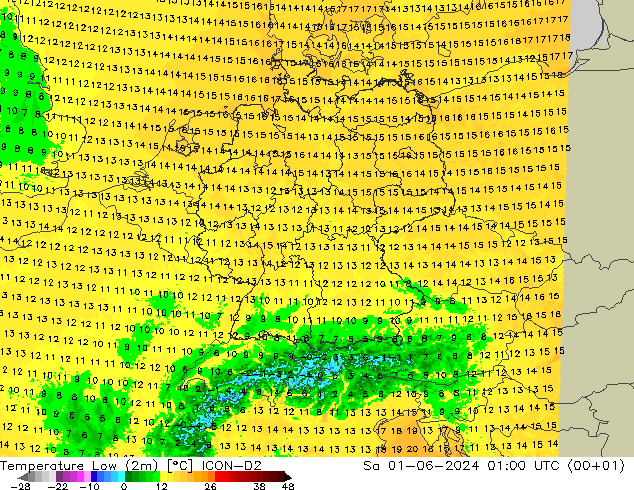 Min.temperatuur (2m) ICON-D2 za 01.06.2024 01 UTC