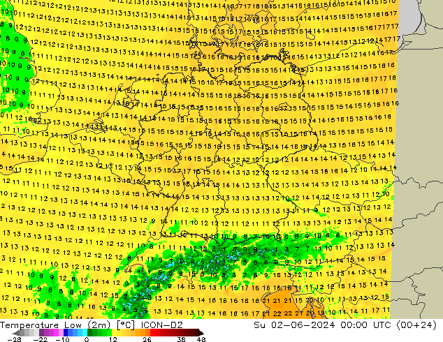 Temperature Low (2m) ICON-D2 Su 02.06.2024 00 UTC