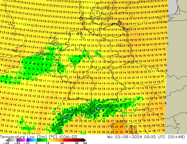 Min.temperatuur (2m) ICON-D2 ma 03.06.2024 00 UTC
