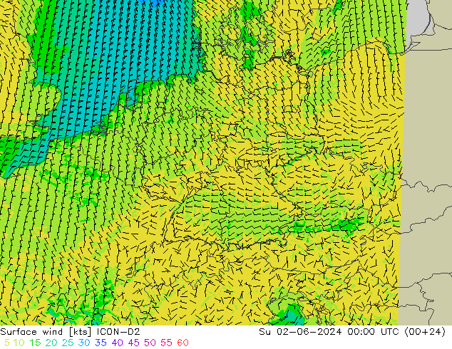 Surface wind ICON-D2 Su 02.06.2024 00 UTC