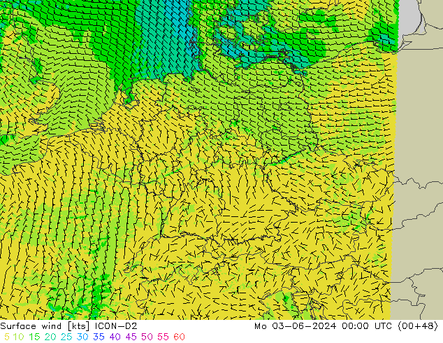 Surface wind ICON-D2 Po 03.06.2024 00 UTC