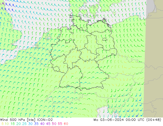 Viento 500 hPa ICON-D2 lun 03.06.2024 00 UTC