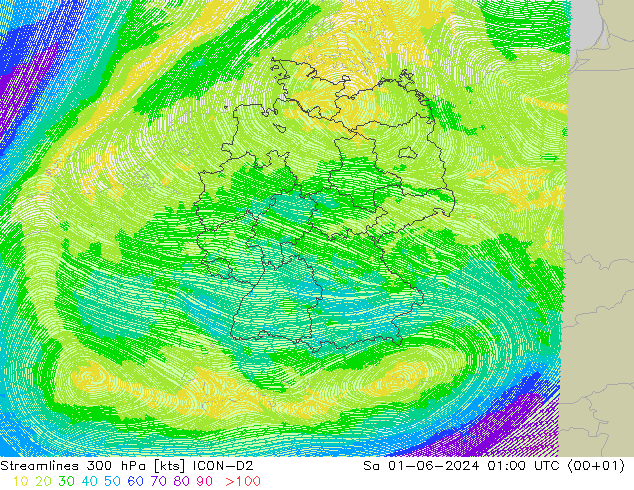 风 300 hPa ICON-D2 星期六 01.06.2024 01 UTC