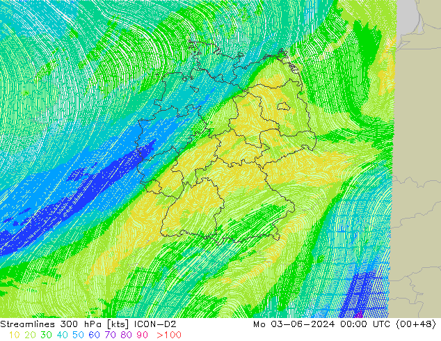 Linea di flusso 300 hPa ICON-D2 lun 03.06.2024 00 UTC