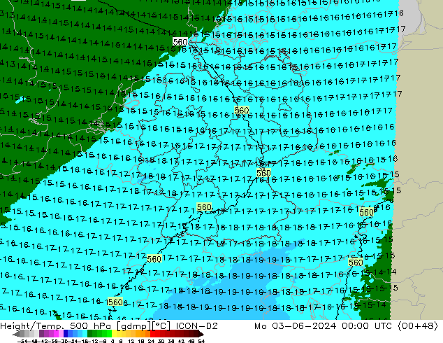 Height/Temp. 500 hPa ICON-D2 Mo 03.06.2024 00 UTC