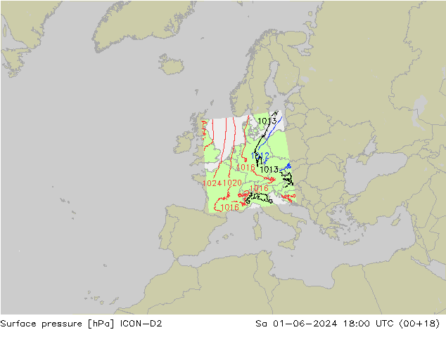 Surface pressure ICON-D2 Sa 01.06.2024 18 UTC