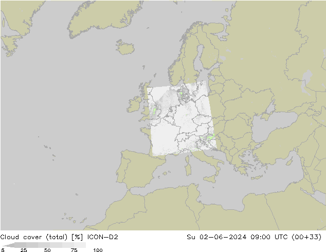 Cloud cover (total) ICON-D2 Su 02.06.2024 09 UTC