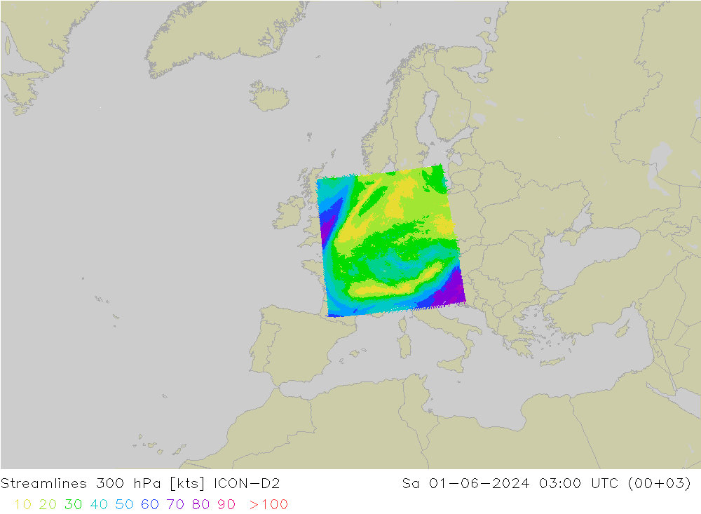 Línea de corriente 300 hPa ICON-D2 sáb 01.06.2024 03 UTC