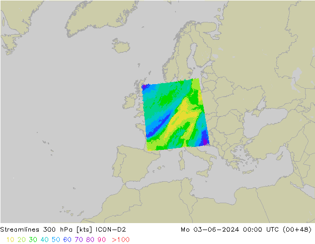 Stromlinien 300 hPa ICON-D2 Mo 03.06.2024 00 UTC