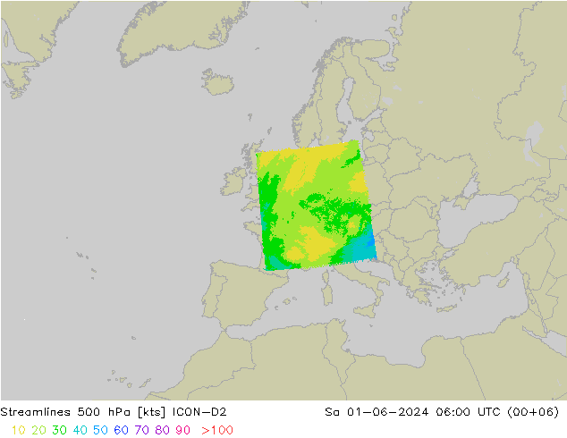 Línea de corriente 500 hPa ICON-D2 sáb 01.06.2024 06 UTC