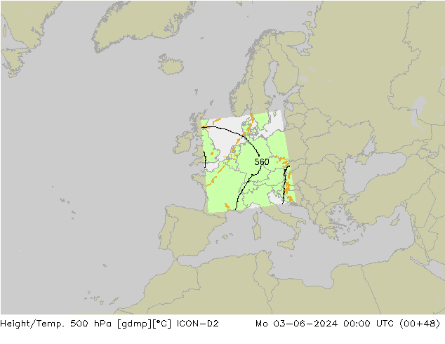 Height/Temp. 500 hPa ICON-D2 lun 03.06.2024 00 UTC