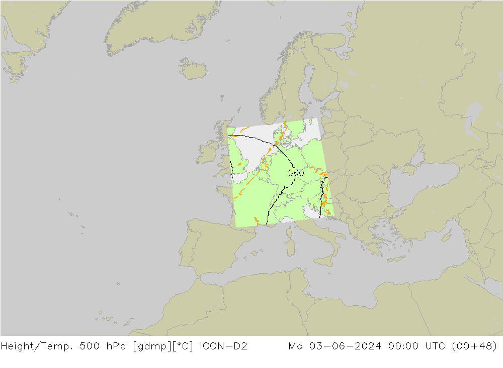 Yükseklik/Sıc. 500 hPa ICON-D2 Pzt 03.06.2024 00 UTC