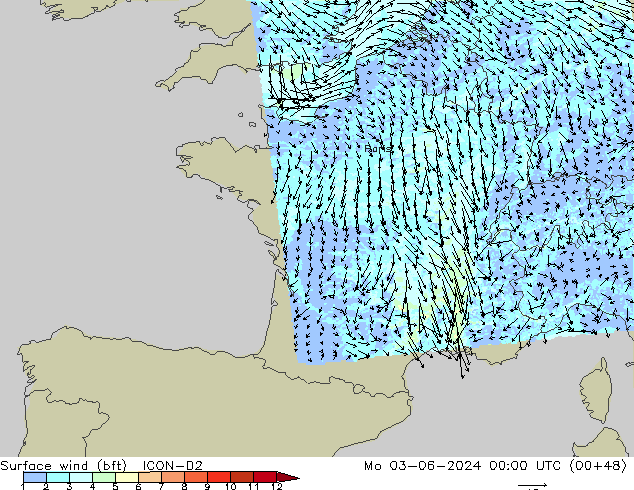 Vent 10 m (bft) ICON-D2 lun 03.06.2024 00 UTC