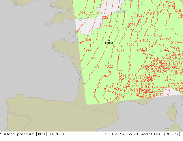 Surface pressure ICON-D2 Su 02.06.2024 03 UTC