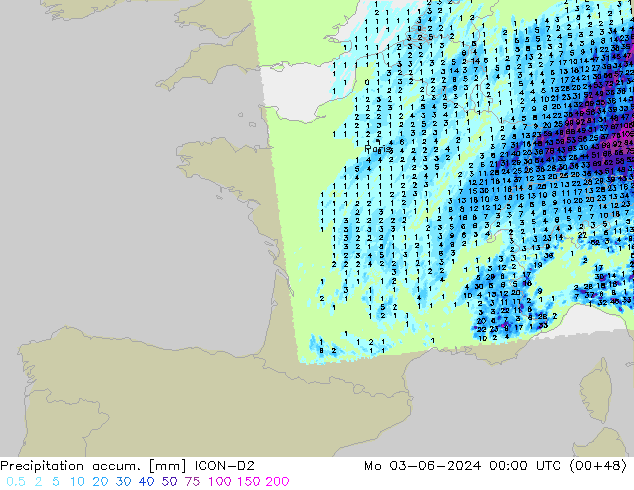 Precipitation accum. ICON-D2 Mo 03.06.2024 00 UTC