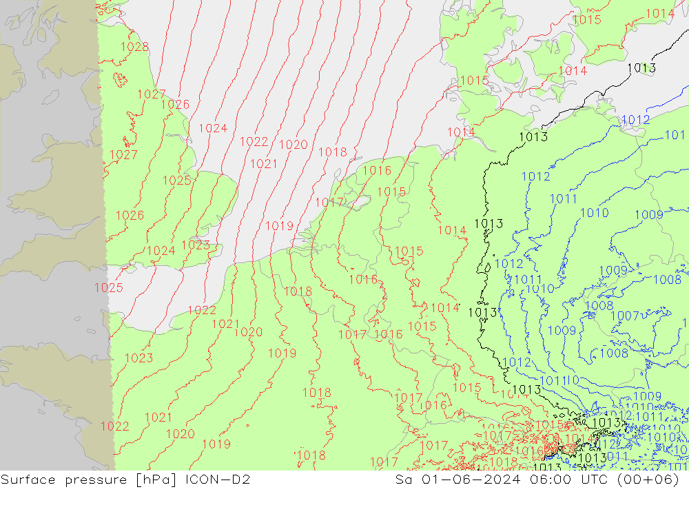 地面气压 ICON-D2 星期六 01.06.2024 06 UTC