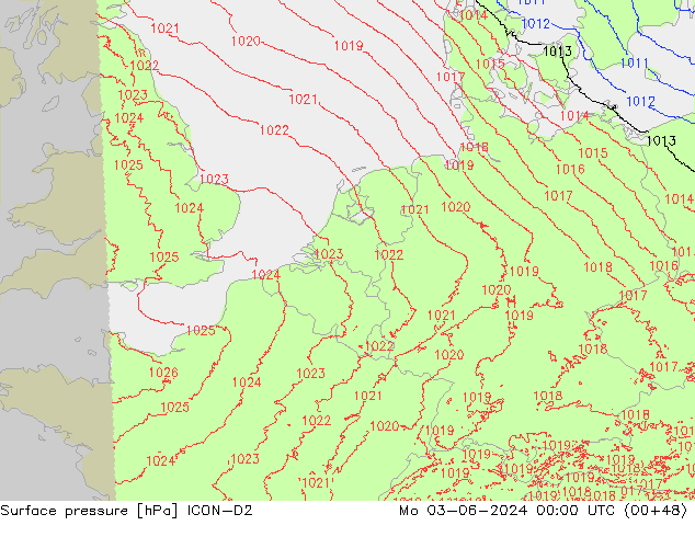 Surface pressure ICON-D2 Mo 03.06.2024 00 UTC