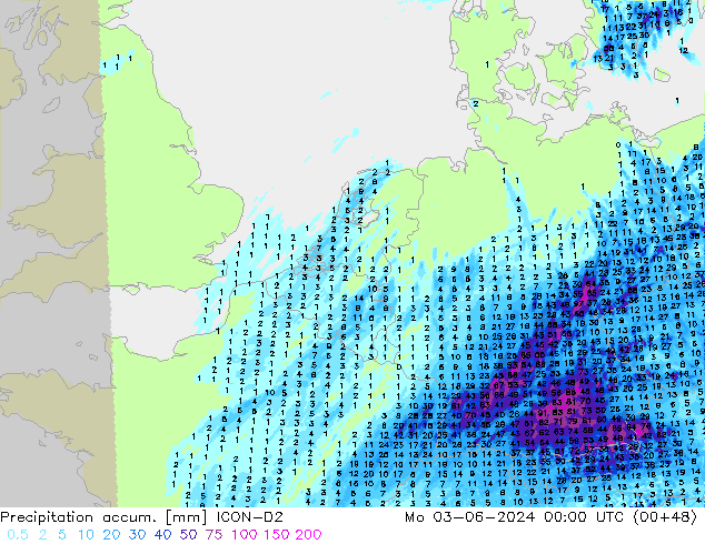 Precipitación acum. ICON-D2 lun 03.06.2024 00 UTC