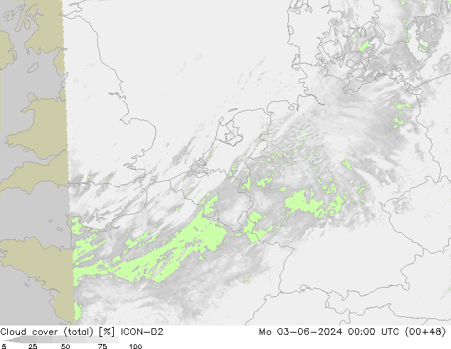 Cloud cover (total) ICON-D2 Mo 03.06.2024 00 UTC