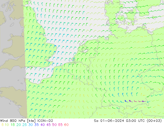 Wind 850 hPa ICON-D2 Sa 01.06.2024 03 UTC