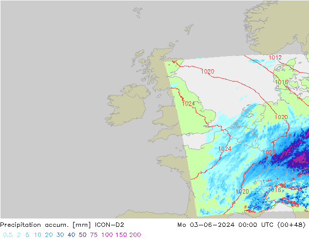 Precipitation accum. ICON-D2 пн 03.06.2024 00 UTC