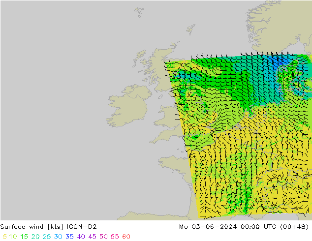 Viento 10 m ICON-D2 lun 03.06.2024 00 UTC