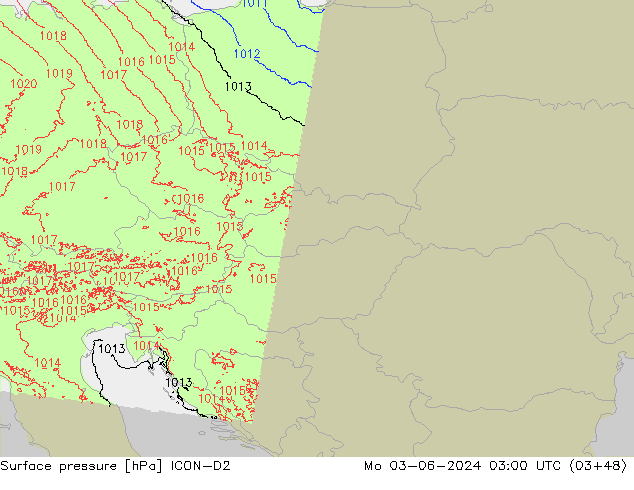 Presión superficial ICON-D2 lun 03.06.2024 03 UTC