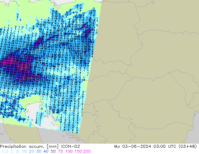 Precipitation accum. ICON-D2 Po 03.06.2024 03 UTC