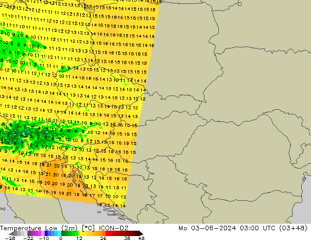 Nejnižší teplota (2m) ICON-D2 Po 03.06.2024 03 UTC