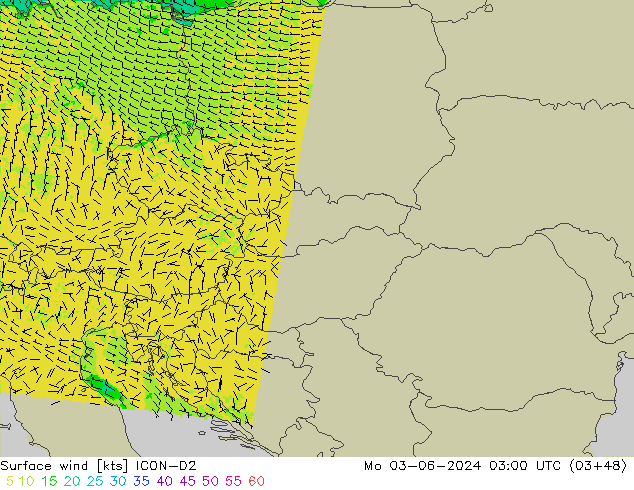 Surface wind ICON-D2 Po 03.06.2024 03 UTC