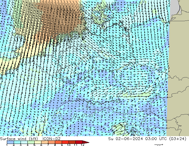 Surface wind (bft) ICON-D2 Su 02.06.2024 03 UTC