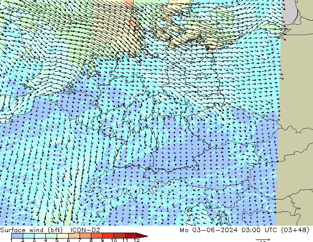 Surface wind (bft) ICON-D2 Mo 03.06.2024 03 UTC