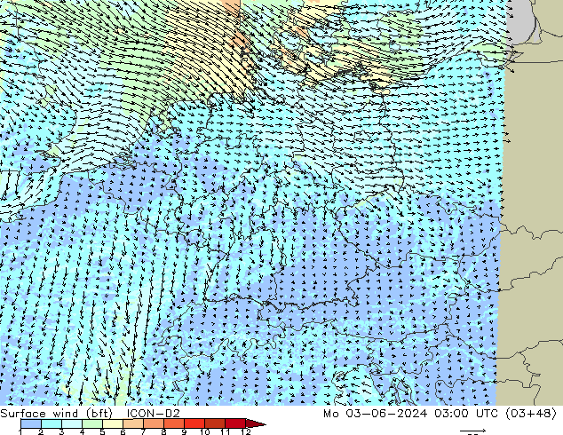  10 m (bft) ICON-D2  03.06.2024 03 UTC