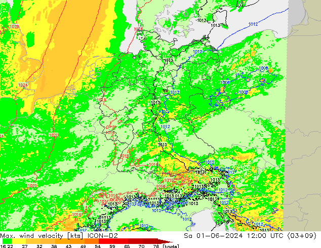 Max. wind velocity ICON-D2 Sa 01.06.2024 12 UTC