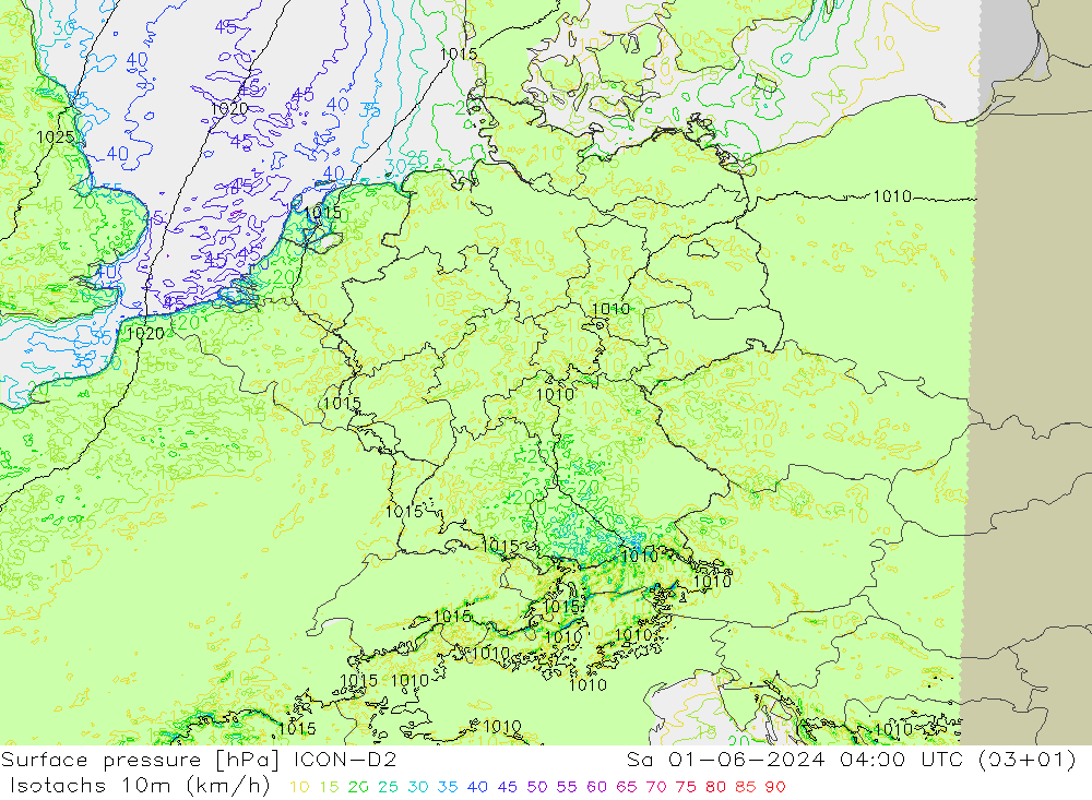 Isotachen (km/h) ICON-D2 za 01.06.2024 04 UTC