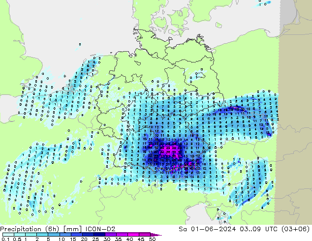 Yağış (6h) ICON-D2 Cts 01.06.2024 09 UTC