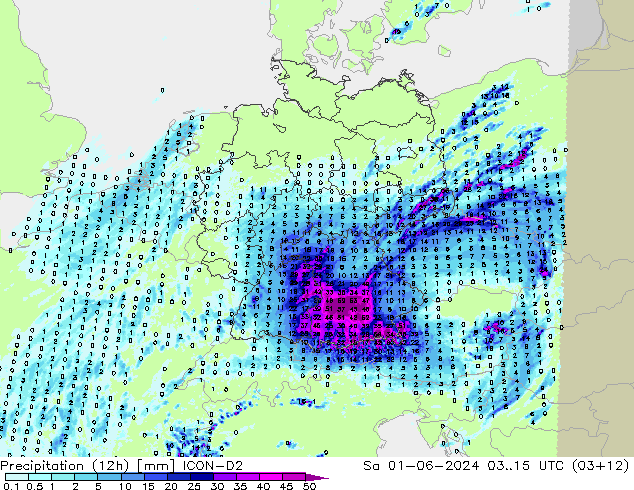 Precipitação (12h) ICON-D2 Sáb 01.06.2024 15 UTC