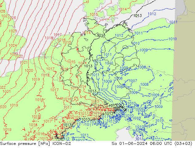 地面气压 ICON-D2 星期六 01.06.2024 06 UTC